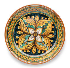 Decorated Plate Top View – Hand-Painted Traditional Italian Ceramic from Caltagirone, Sicily – Isolated on White Background