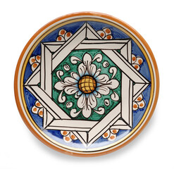 Decorated Plate Top View – Hand-Painted Traditional Italian Ceramic from Caltagirone, Sicily – Isolated on White Background