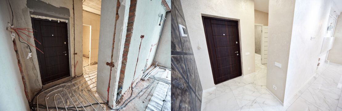 Comparative image of a hall in apartment before and after restoration. Entrance door, interior doors, floor heating pipe system and white tiles layer on whole area.