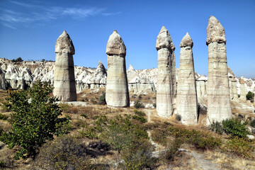 Unusually shaped cliffs of volcanic origin in the Love Valley in the Cappadocia region in Turkey.