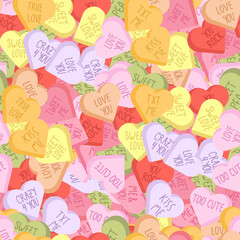 Vector vibrant seamless pattern with conversation hearts candy. Romantic background with heart shaped candy for valentine day.