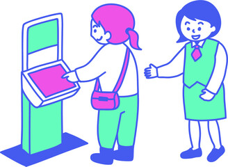 自動受付機のタッチパネルを使う人と受付を案内する人