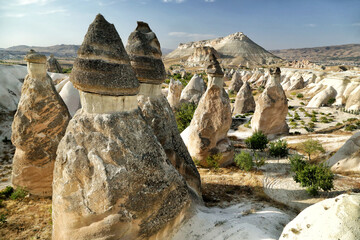 Unusually shaped cliffs of volcanic origin in the Pashabag Valley in the Cappadocia region in Turkey.