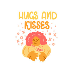 Hugs and kisses - cute colorful vector doodle with lettering for mail, postage and postcrossing. Woman, envelope, letter, love. Vector template for card, postcard, banner, poster, sticker