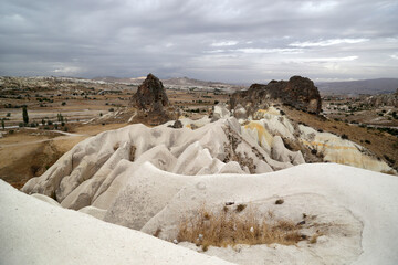 Unusual volcanic rocks in the Valley of Swords (Kilihlar) near the village of Goreme in the Cappadocia region of Turkey.