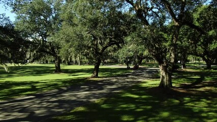 Golf course, oak trees, greens and golf carts with people playing on 18 hole course in Georgetown, South Carolina
