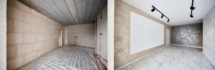 Empty apartment room with stylish design before and after refurbishment. Comparison of old flat with underfloor heating pipes and freshly renovated flat with stretch ceiling and marble floor.