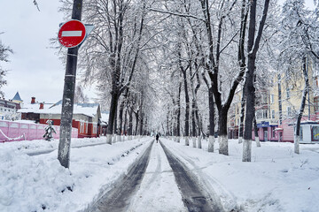 snowy street with stop road sign.