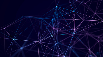 Abstract background with interweaving of colored lines and dots. Network connection structure. Data exchange. 3D