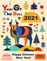 Happy Chinese New Year 2021 vector design. Symbol of 2021 Year the Bull. 2021 Happy New Year template. Vector illustration with colorful Bull in folk style. Calendar design, brochure, catalog, card.