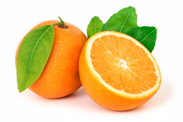 Fototapeta na wymiar Orange fruit with orange slices and leaves isolated on white background.