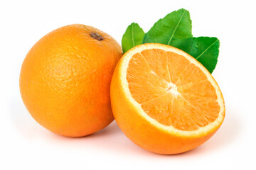 Naklejka na ściany i meble Orange fruit with orange slices and leaves isolated on white background.