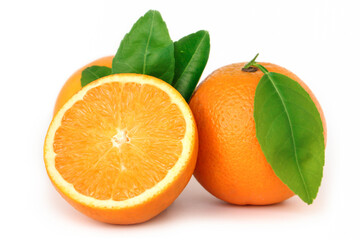 Fototapeta na wymiar Orange fruit with orange slices and leaves isolated on white background.