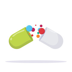 Green and white medical openen pill with bubbles inside. Capsule with open two sides and inner substances. Medication, dietary and health care vector illustration.