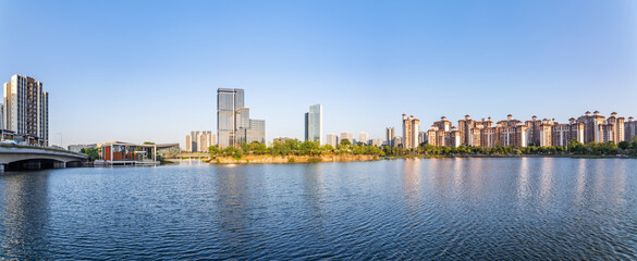 Panorama Skyline of Phoenix Lake Park in Nansha, Guangzhou, China