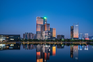 Fototapeta na wymiar Night view of CBD buildings in Nansha Free Trade Zone, Guangzhou, China