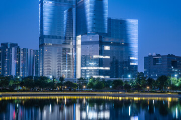 Fototapeta na wymiar Night view of CBD buildings in Nansha Free Trade Zone, Guangzhou, China