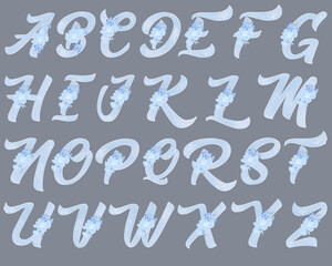 Decorative alphabet of blue foil background. Beautiful letters for your creative designs.