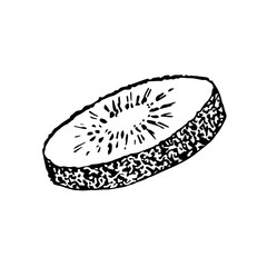 Hand-drawn simple vector illustration in black outline. Round slice of kiwi isolated on white background. Ingredient, cooking, dessert, vitamin, menu, logo, sticker.