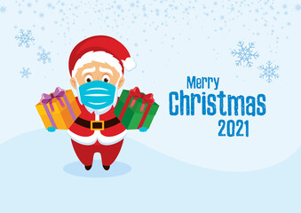 Merry Christmas 2021 greeting card with Santa Claus wearing medical mask on face to prevent Covid-19 vector illustration. Santa Claus with protective mask holding gift box cartoon character