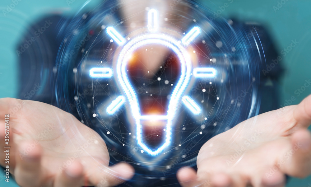 Poster woman using lightbulb neon digital interface 3d rendering