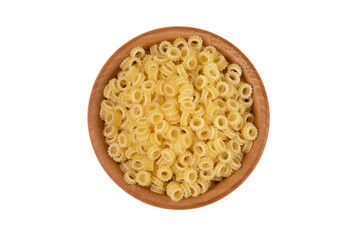 pasta in wooden bowl isolated on white