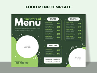 Healthy food menu template for vegetarian restaurant