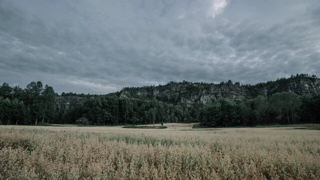 Time lapse video of moving clouds over a cornfield and mountains in the background. Southern Norway