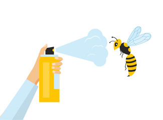 Human hand holding and using insecticide. Aerosol bottle for the control of insects and a wasp. Pest control, vector illustration