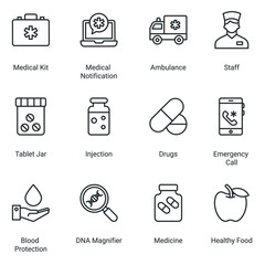 Modern thin line icons set of hospital and healthcare professionals and medical equipment. Simple symbols for app development and website design. Pack of stroke icons.