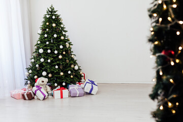 decor new year and terrier beautiful Christmas tree with gifts
