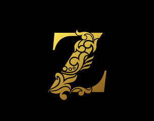 Golden Elegant letter Z. Graceful Ornate style. Calligraphic beautiful logo. Vintage drawn emblem for book design, brand name, business card, Restaurant, Boutique, Hotel.