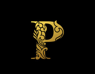 Golden Elegant letter P. Graceful Ornate style. Calligraphic beautiful logo. Vintage drawn emblem for book design, brand name, business card, Restaurant, Boutique, Hotel.