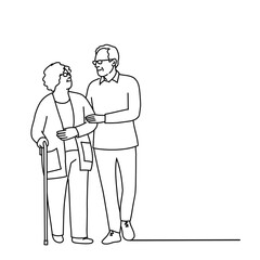 Elderly man leads an elderly woman by the hand for  a walk.