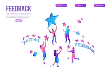 Feedback concept with 3d isometric star icon, customer rate product, client satisfaction survey, people review quality of service, purple vector illustration, landing page template
