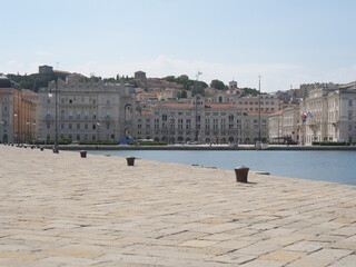 Panorama from Molo Audace pier in Trieste, with the Adriatic sea and Piazza Unità d'Italia in the background