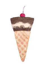 Chocolate watercolor ice cream in waffle cone isolated on white background.