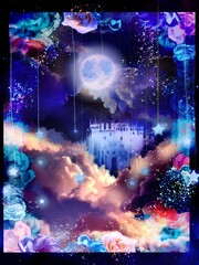 Obraz premium Silhouette of European beautiful castle and blue moon in the night behind roses frame 