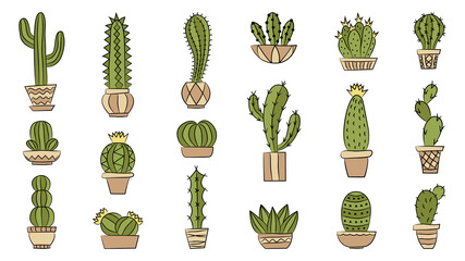 Set of cacti. Hand drawn style. Isolated objects on white background. Vector illustration.