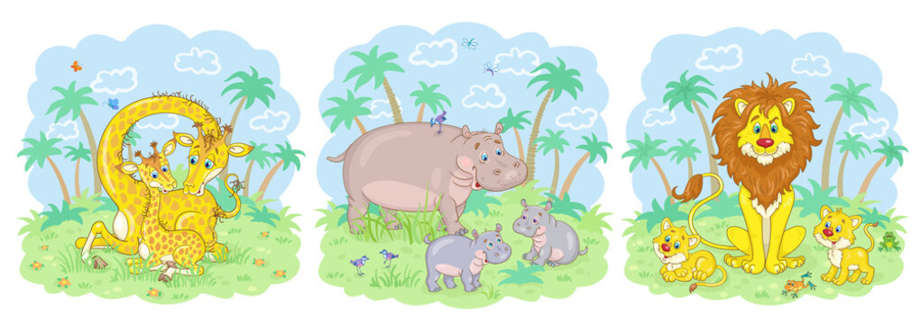 Cute african animals - giraffe, hippo and lion with their funny babies. Collection of drawings for card, poster, print or banner. In cartoon style. Vector illustration.