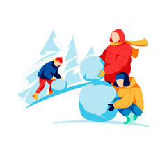 Fototapeta na wymiar Happy parents and kids making snowman. Family in warm outfit spending time together and having fun on winter holidays. Winter outdoor activities cartoon vector illustration