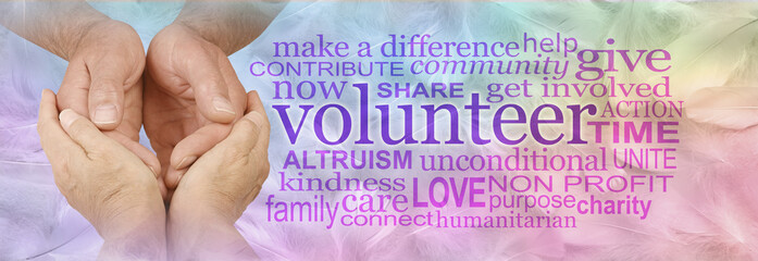 Volunteer Carer Word Cloud - female hands cupped around male cupped hands next to a VOLUNTEER word cloud on a multicoloured rainbow background

