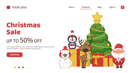 Christmas sale landing page. Banner template for a website with cute cartoon characters. Vector illustration.