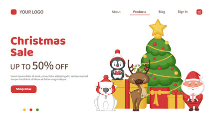 Fototapeta premium Christmas sale landing page. Banner template for a website with cute cartoon characters. Vector illustration.