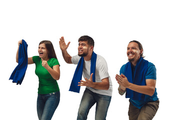 Drive. Three soccer fans woman and men cheering for favourite sport team with bright emotions...