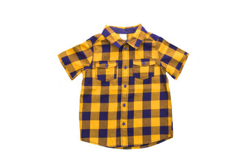 Children clothes. Fashionable yellow blue plaid shirt with short sleeves and pockets for boys isolated on a white background. Kids summer fashion.