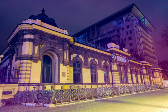 Olg herta villa colored in yellow and purple lights in the steets of Chisinau