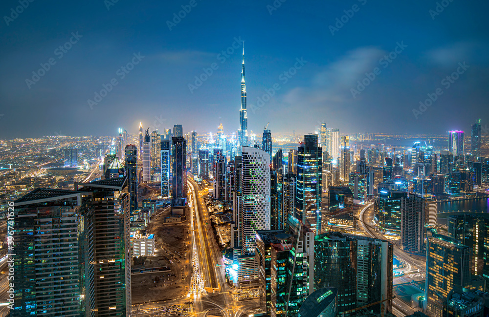 Wall mural ,dubai, uae ,dubai skyscrapers in beautiful city center and sheikh zayed road traffic,dubai,united a