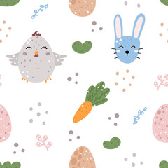 Cute nursery easter seamless pattern with rabbit, chicken, carrot, eggs and abstract elements isolated on white background. Hand drawn in Scandinavian style vector illustration.