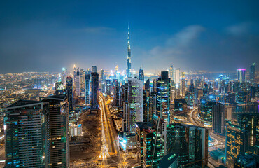 ,dubai, UAE ,Dubai skyscrapers in beautiful city center and Sheikh Zayed road traffic,Dubai,United...